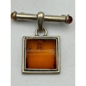 1960s 925 Sterling Silver T Bar Amber Dome Brooch-Signed-Estate Find